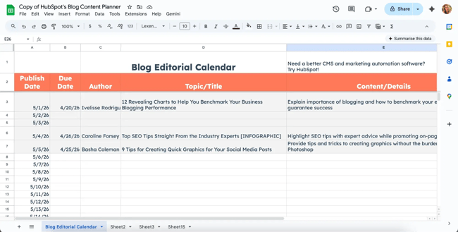 hubspot’s free editorial calendar